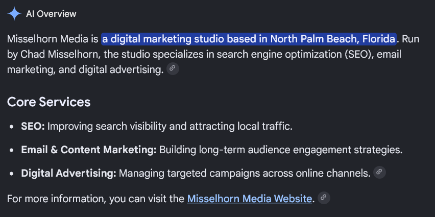 example of Misselhorn Media's AI Overview results
